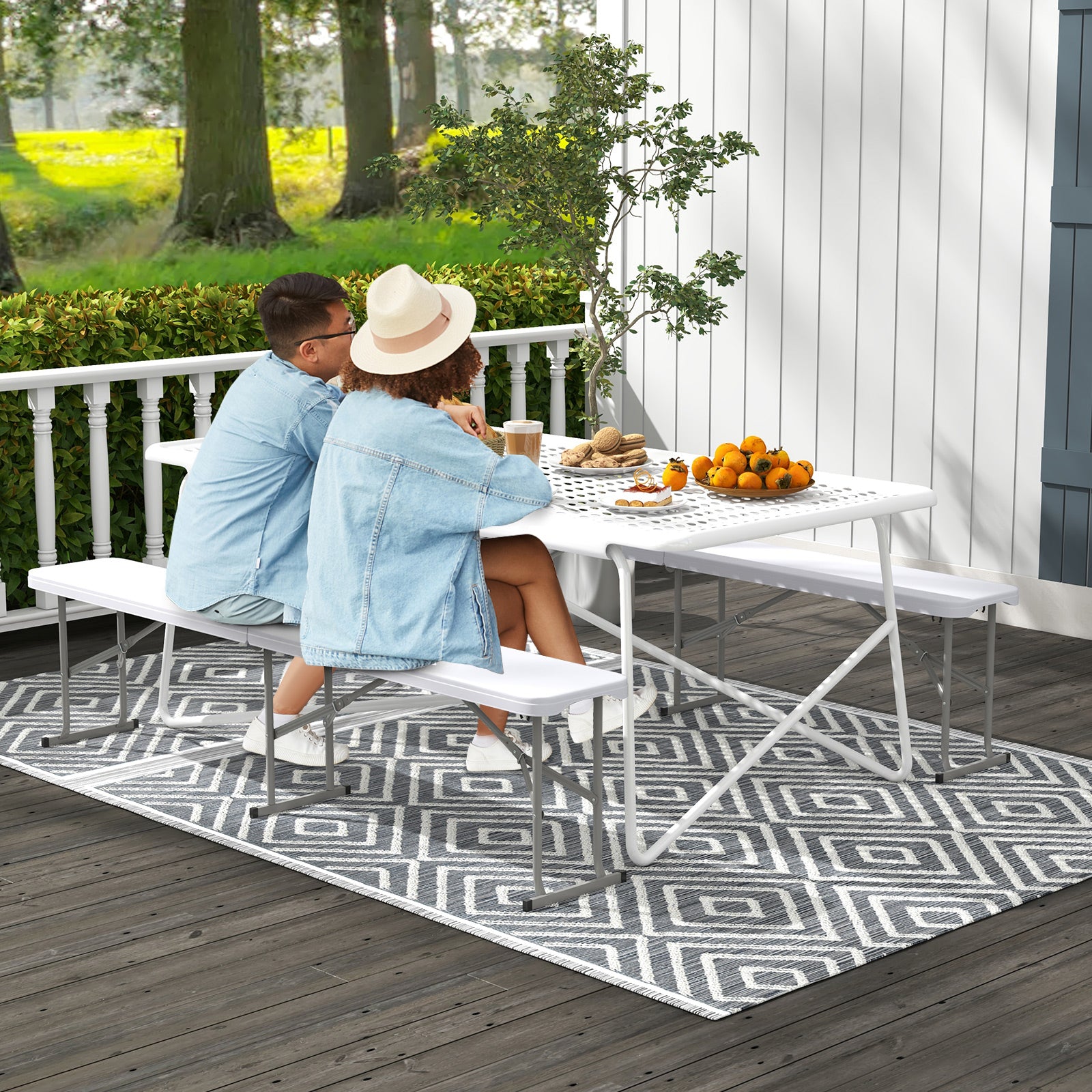 182 cm Portable Folding Plastic Bench Seat with Carry Handle-White