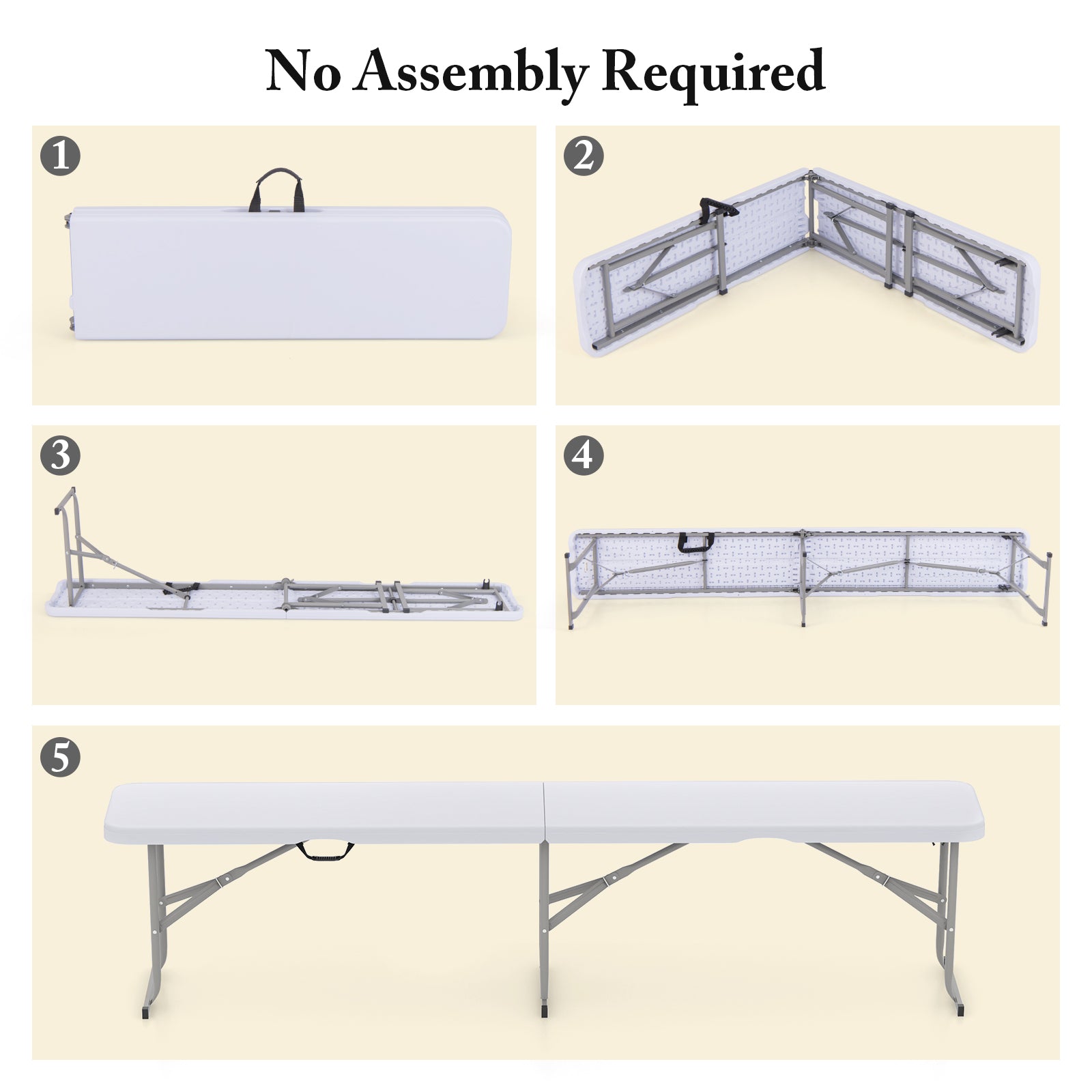 182 cm Portable Folding Plastic Bench Seat with Carry Handle-White