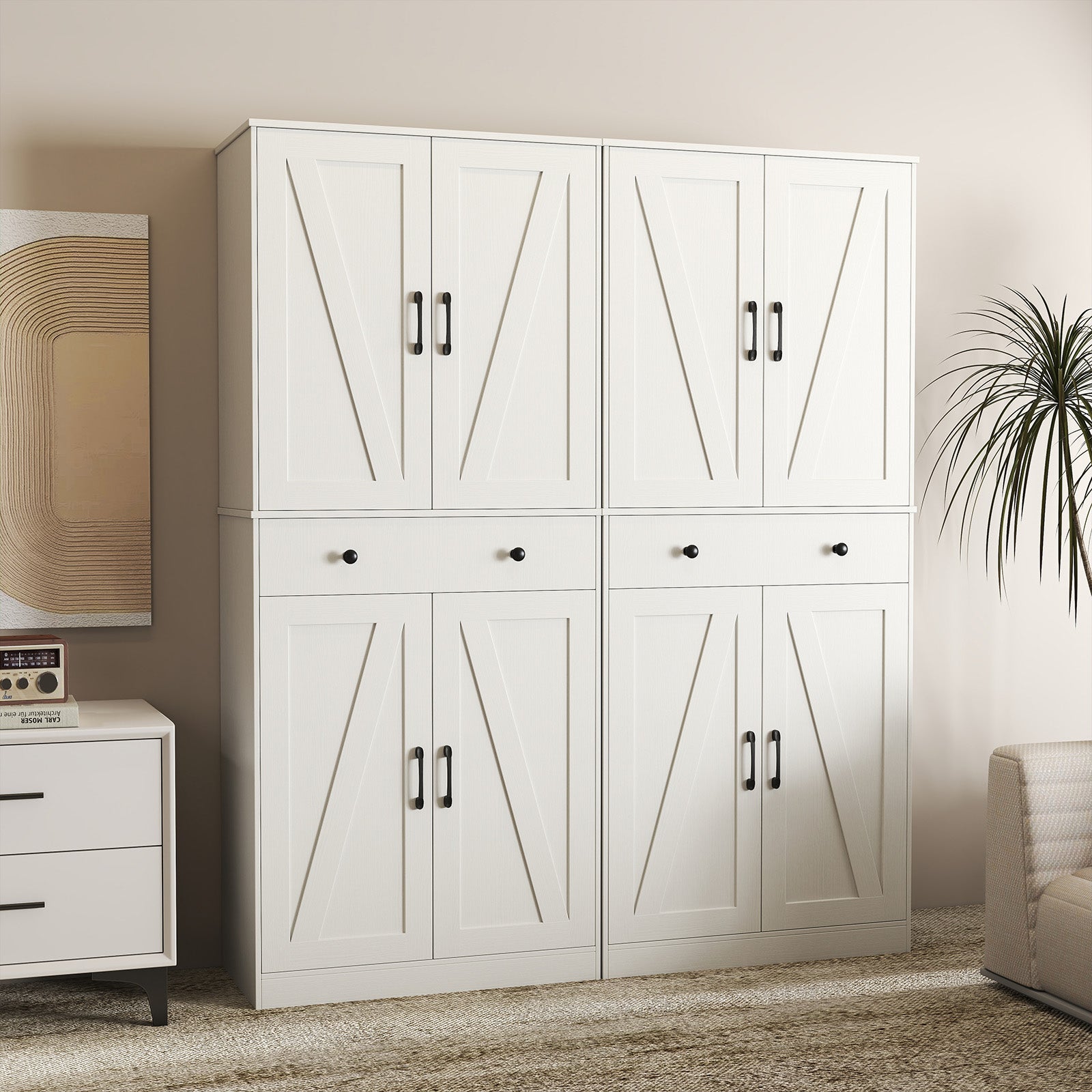 183cm Tall Kitchen Pantry with 4 Barn Doors and 3 Adjustable Shelves-White