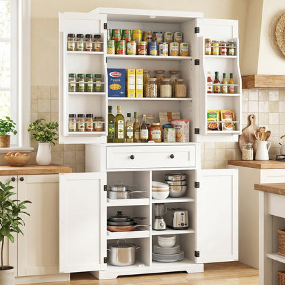 184 cm Kitchen Pantry Cabinet with Large Drawer and 6 Door Shelves-White