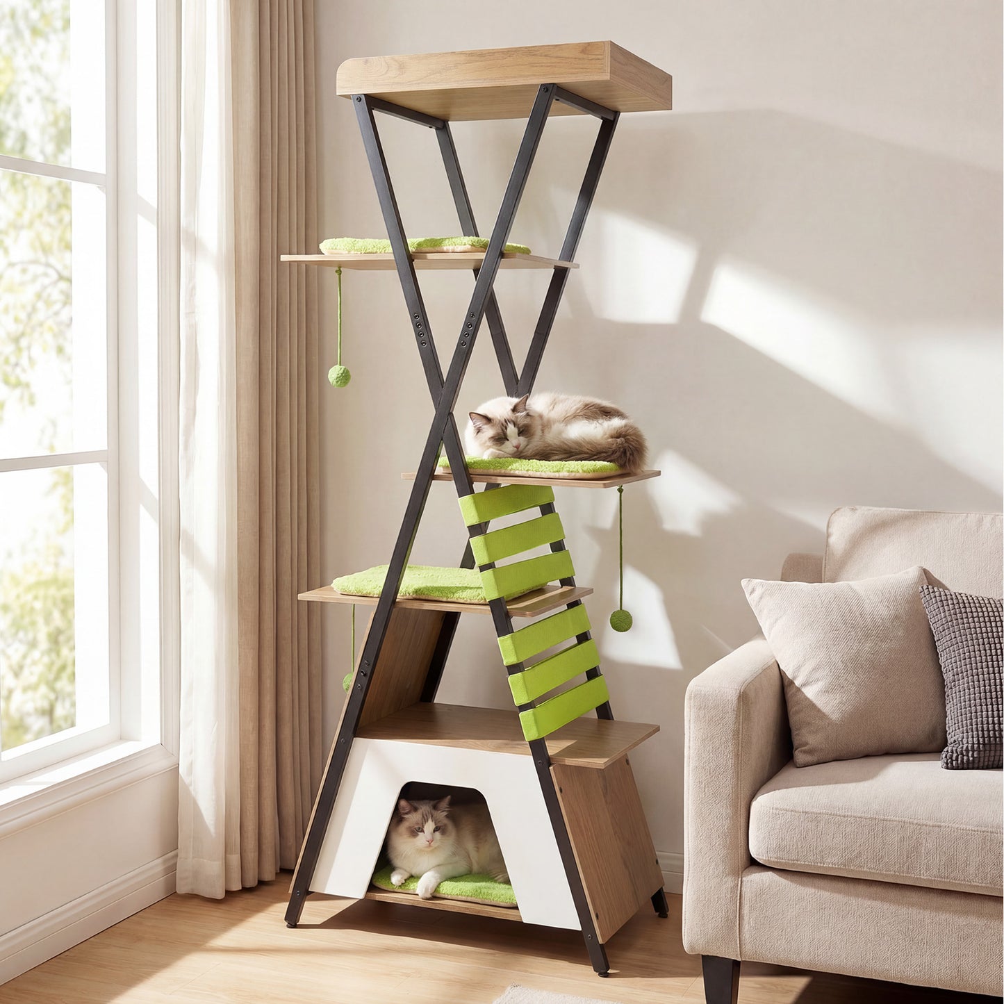 185CM Wooden Multi-level Cat Tower with Elevated Perch-Grey