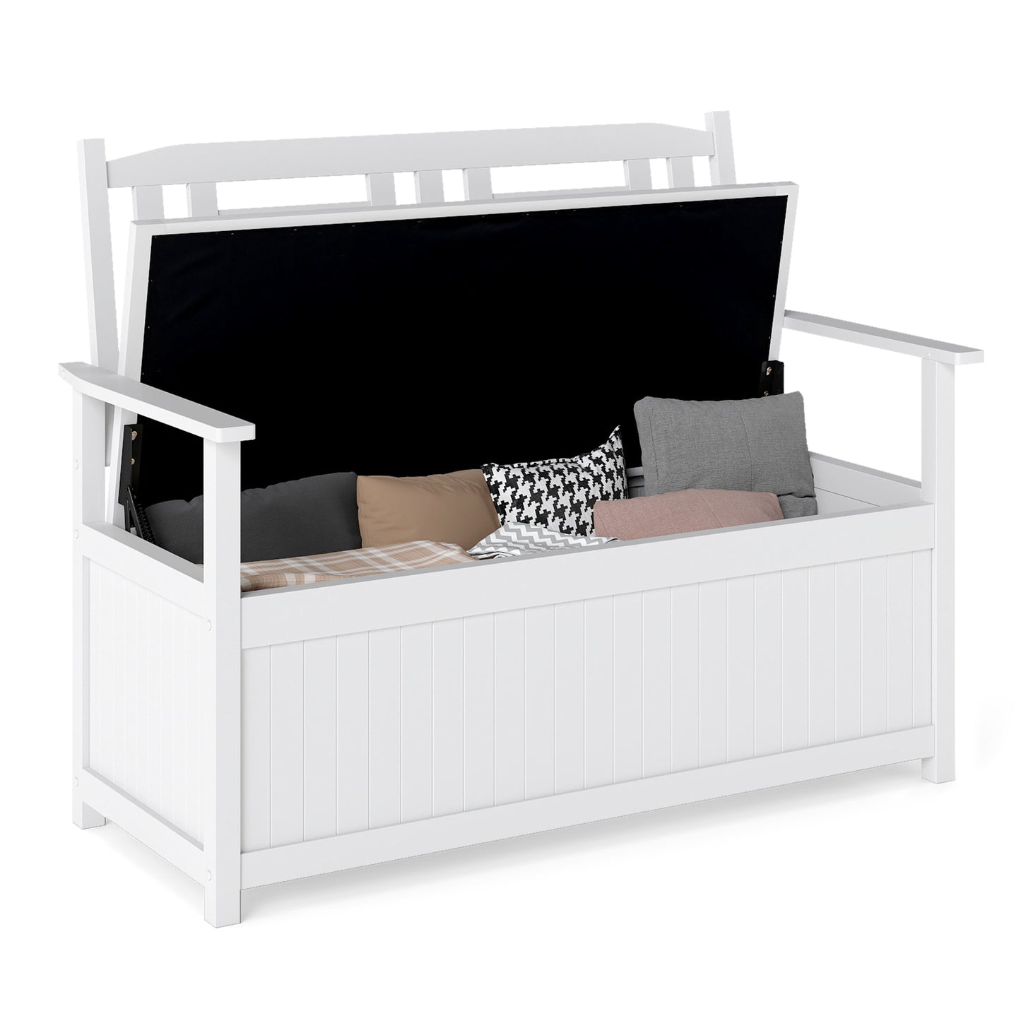 185L Patio Storage Bench Solid Wood Storage Loveseat with Backrest and Armrests-White