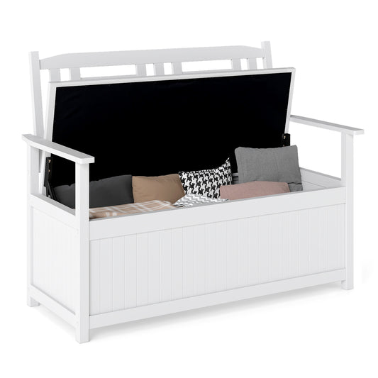 185L Patio Storage Bench Solid Wood Storage Loveseat with Backrest and Armrests-White