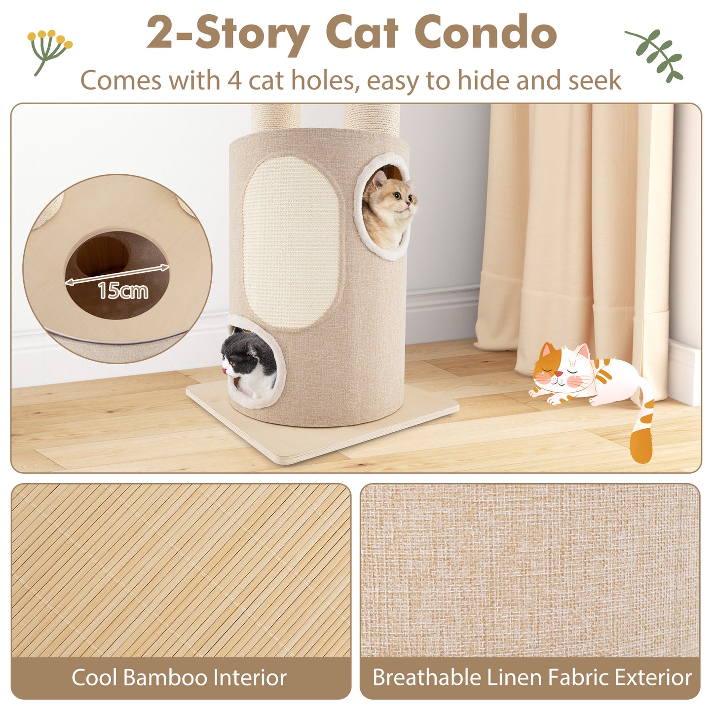 187 cm Tall Wooden Cat Tower Tree with 2-Story Cat Condo-Natural