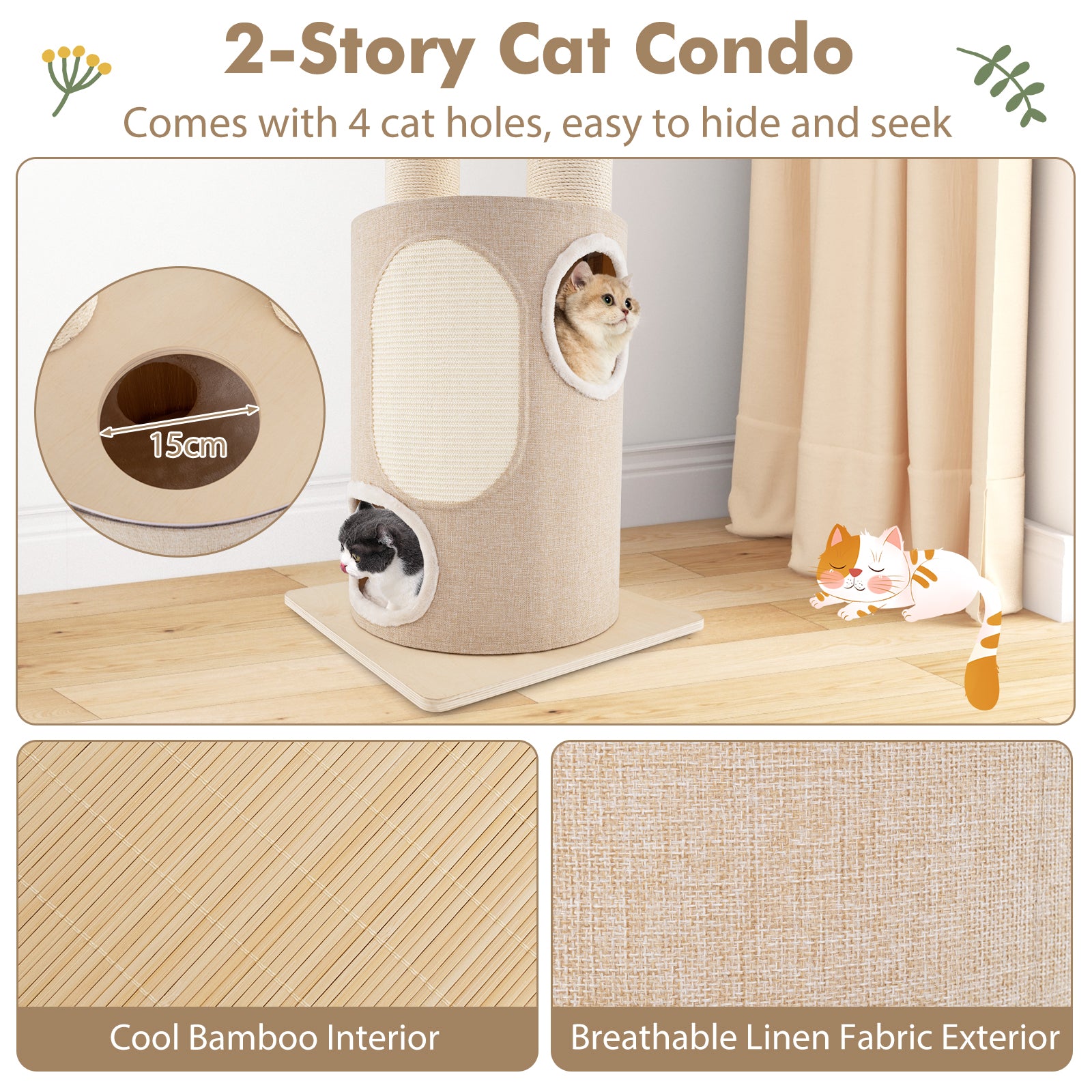 187 cm Tall Wooden Cat Tower Tree with 2-Story Cat Condo-Natural