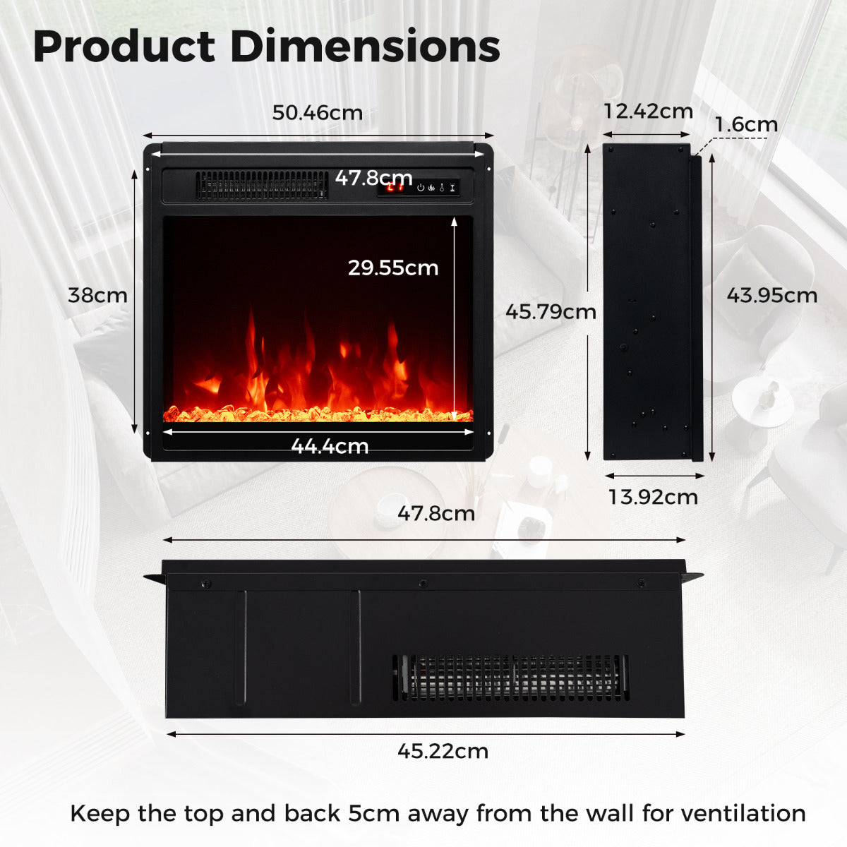 18” Electric Fireplace Insert 750W/1500W Fireplace Heater