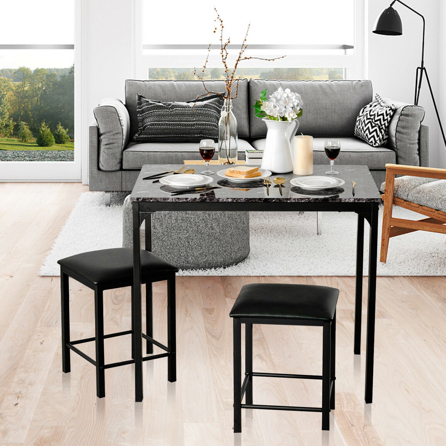 3 Piece Dining Table Set with 2 Faux Leather Backless Stools-Black