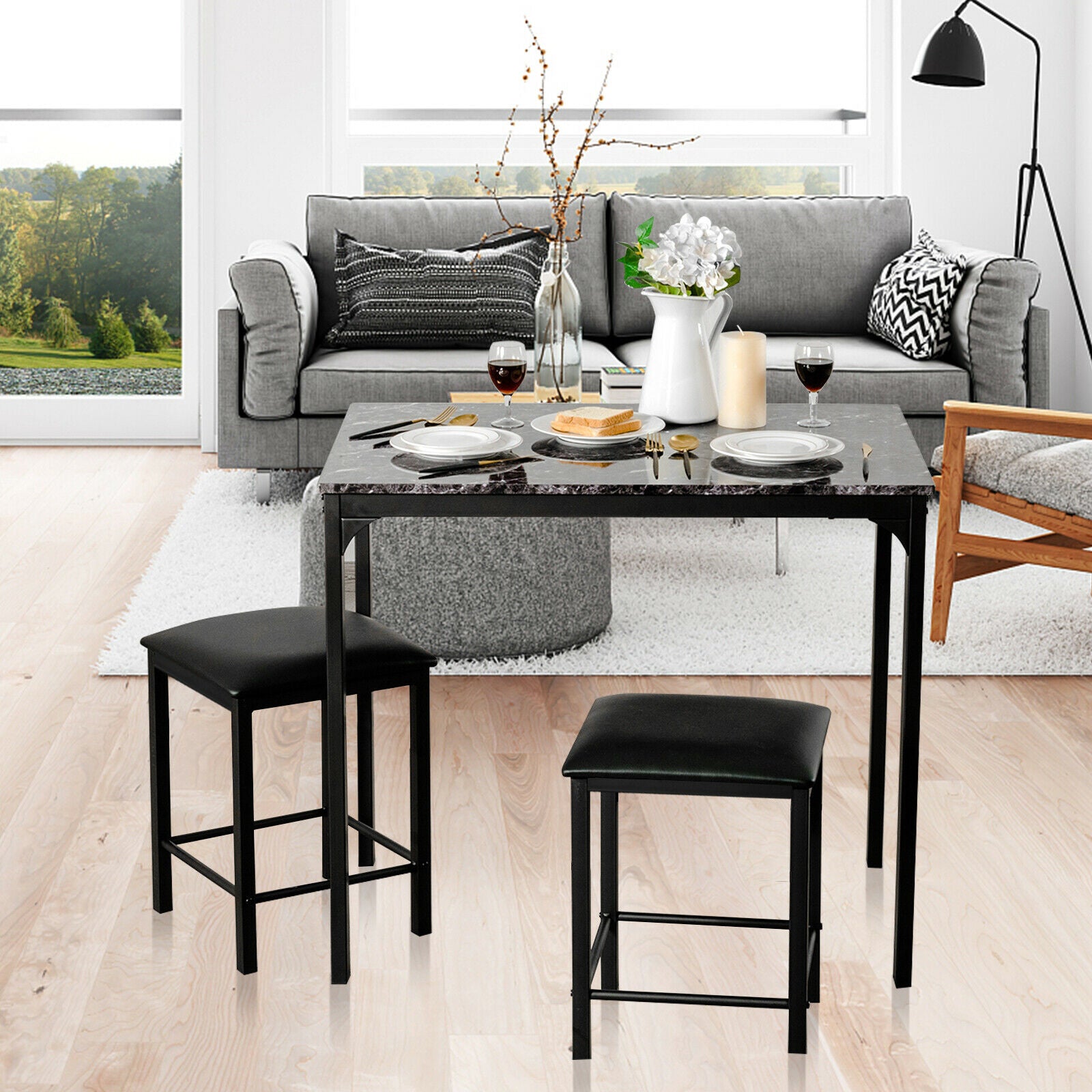 3 Piece Dining Table Set with 2 Faux Leather Backless Stools-Black