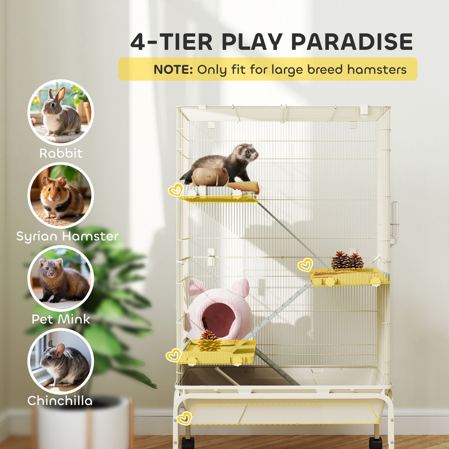 PawHut 4-Level Rolling Small Animal Cage, Rabbit Cage with 3 Ramps, Water Bottle, Food Dish, 15cm Deep Tray, Beige