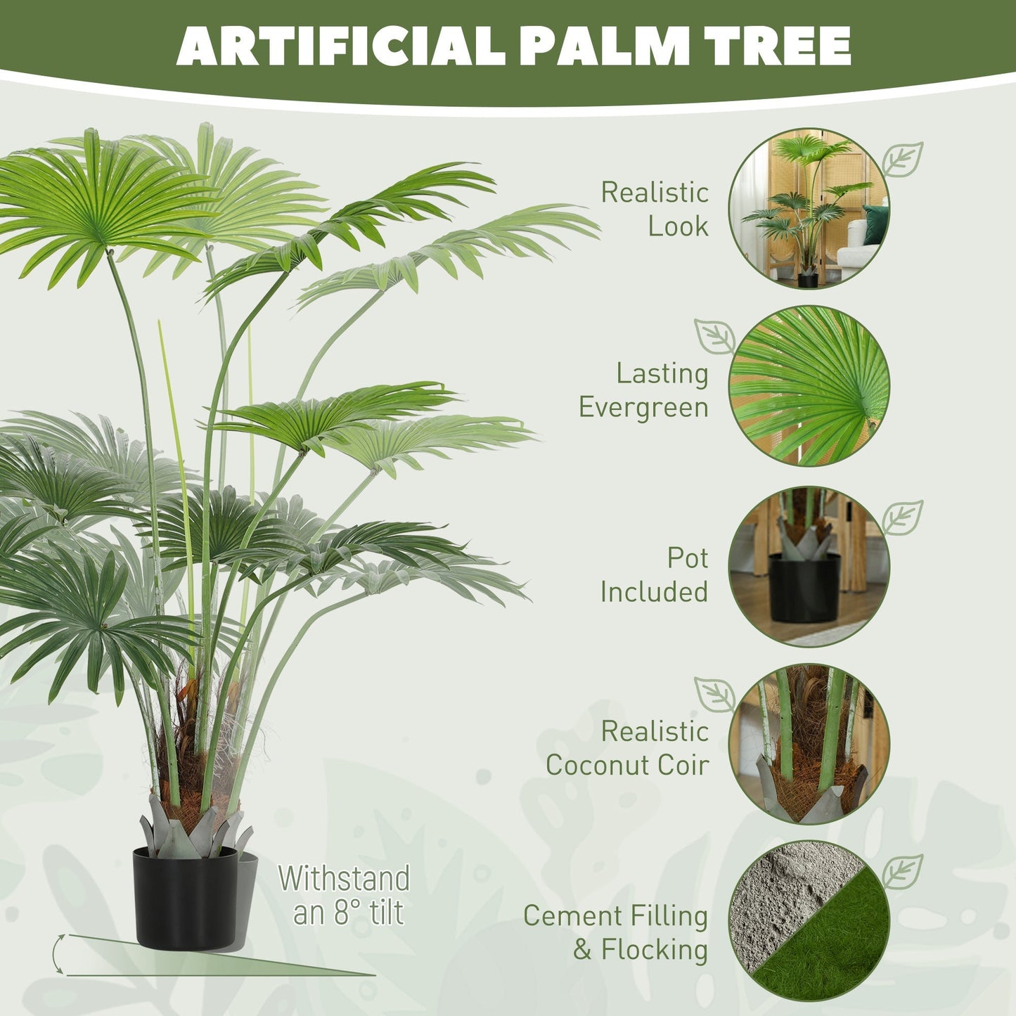 HOMCOM 145cm Artificial Palm Tree, Decorative Artificial Plant with Lifelike PEVA Leaves and Coconut Coir, Fake Tree with Plastic Pot and Flocking for Home Office Decor, Green