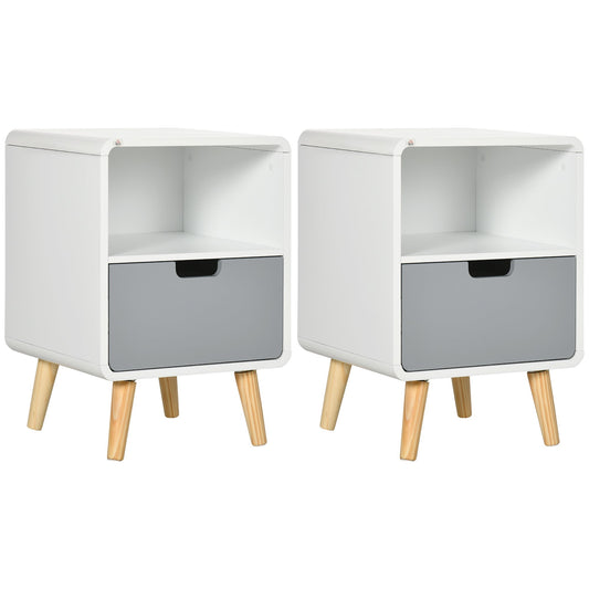 HOMCOM Wooden Bedside Table End Nightstand With Drawer Wood Lamp Desk Storage Unit Bedroom Scandinavian Nordic Style, Set of 2