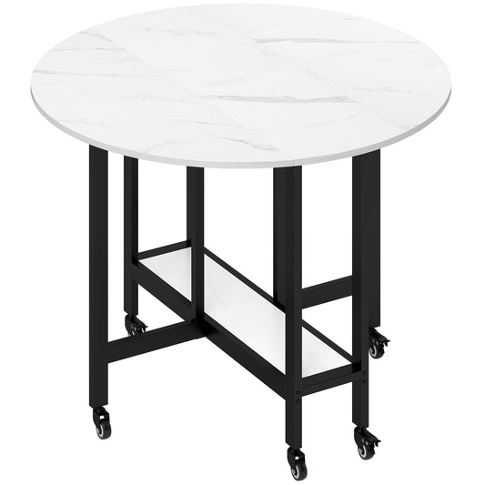 HOMCOM Folding Dining Table, Drop Leaf Table with Open Shelf, Rolling Kitchen Table for Dining Room, Small Spaces, White Marble
