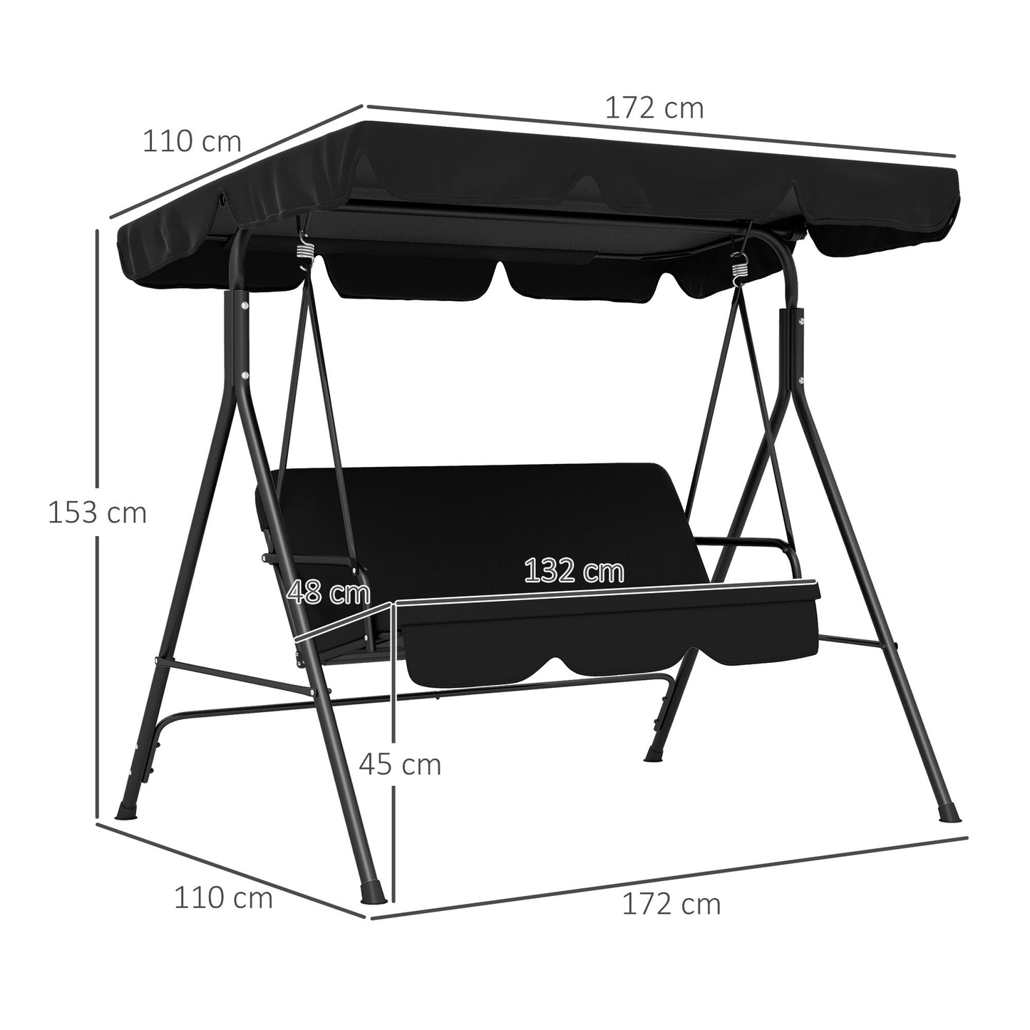 Outsunny Three-Seater Garden Swing Chair, with Adjustable Canopy - Black
