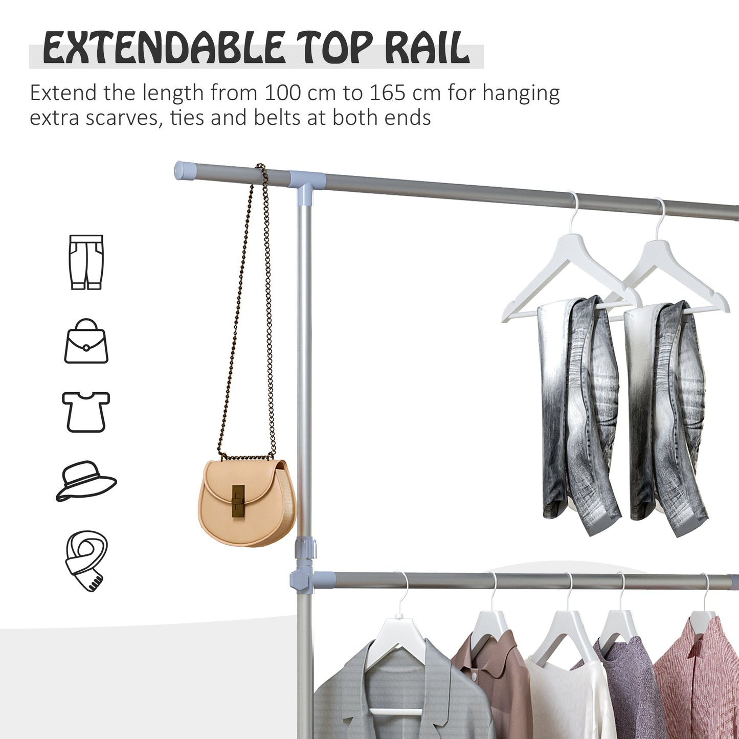 HOMCOM Heavy Duty Clothes Hanger Garment Rail Hanging Display Stand Rack w/ Wheels Adjustable