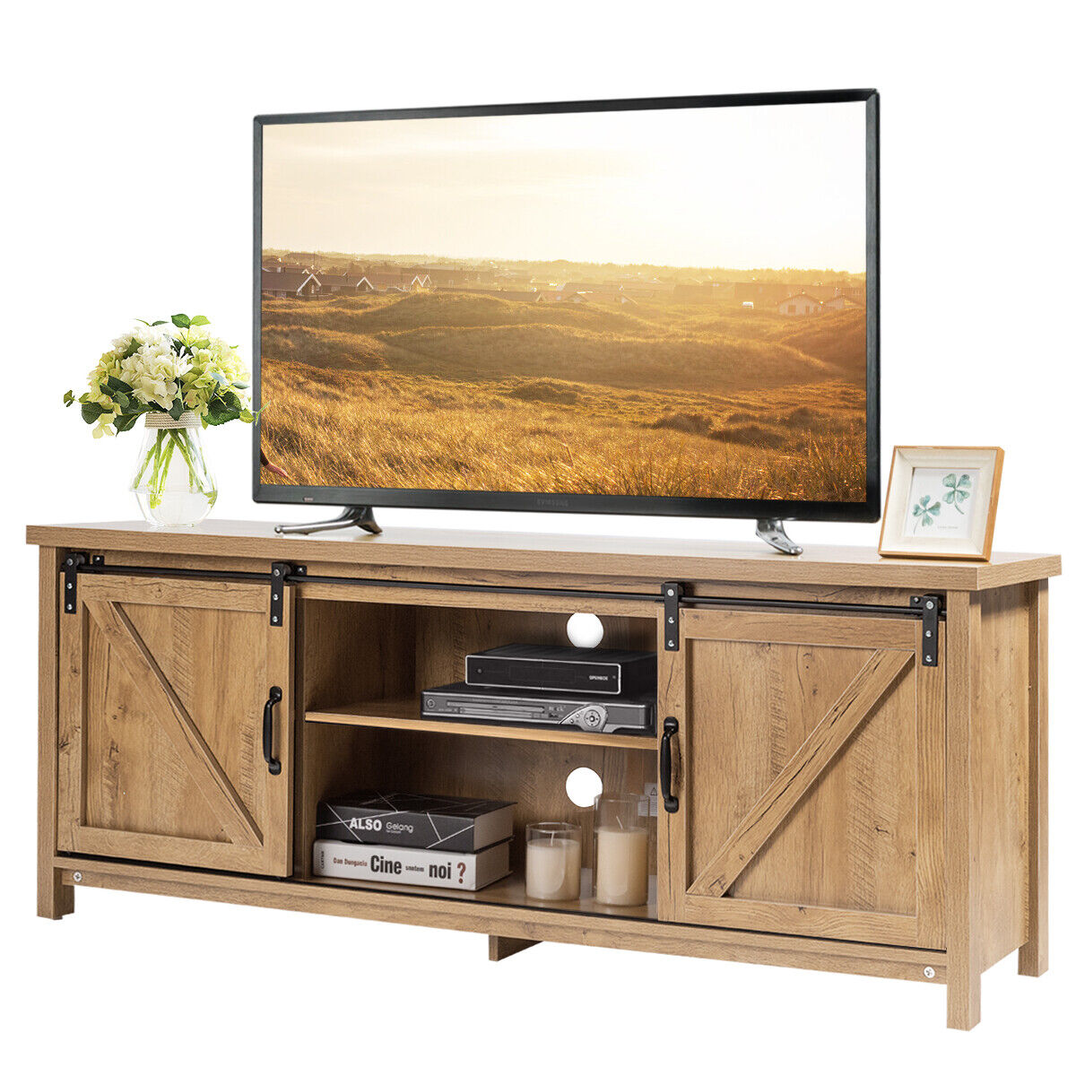 Modern TV Cabinet for 60-Inch TV Wooden Media Storage Shelves-Orange