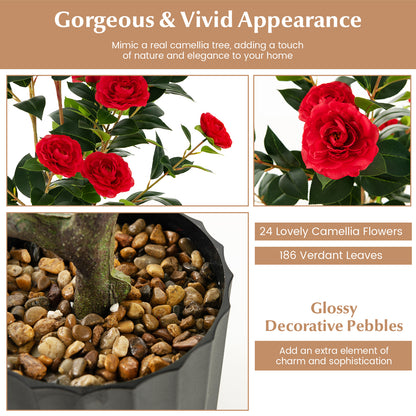 1/2 Pieces 95cm Artificial Camellia Tree with Flowers and Rain-Flower Pebbles-Red-1 Piece