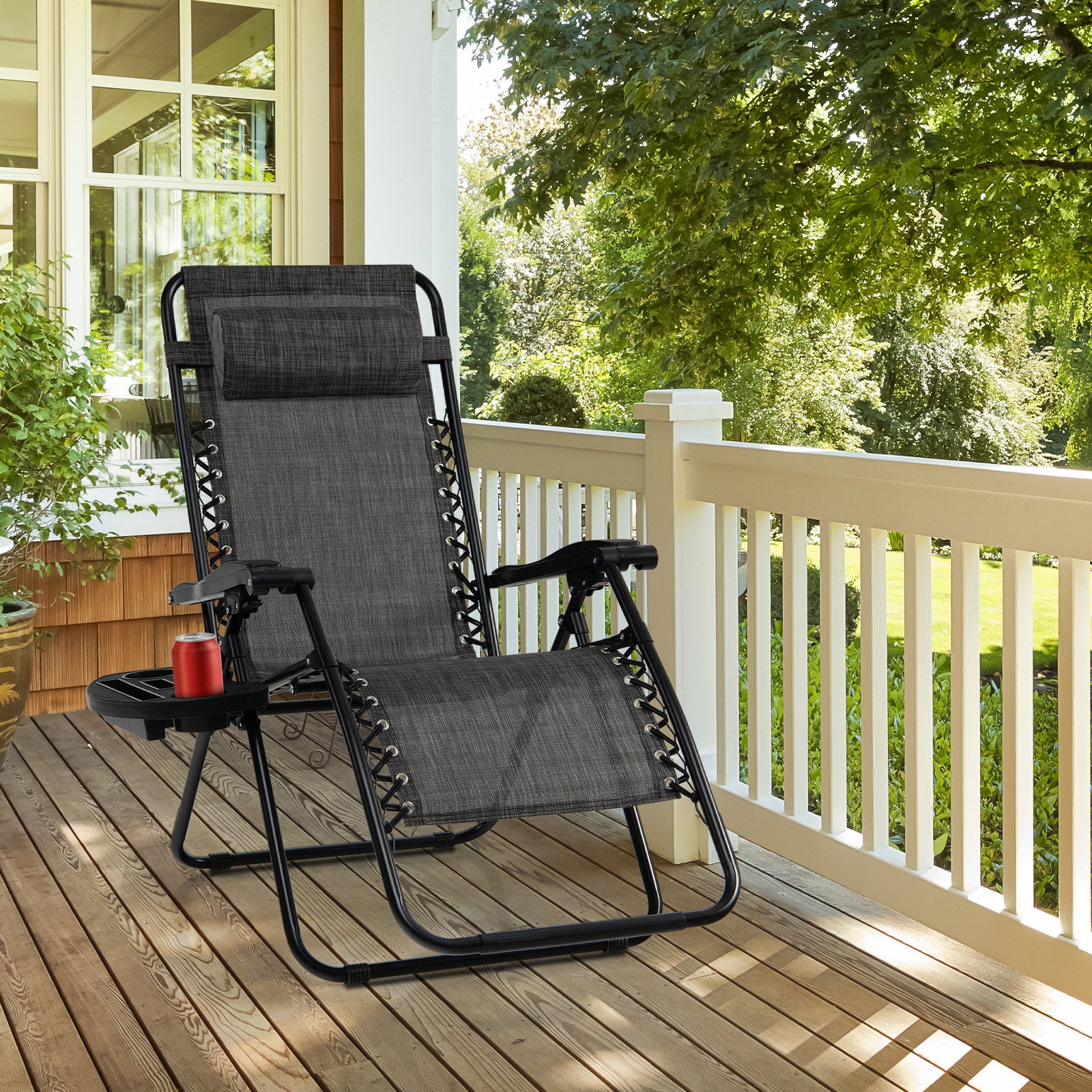 Folding Patio Recliners with Removable Headrest and Cup Holder-Grey