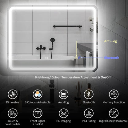 HOMCOM 80 x 60 cm Bluetooth Bathroom Mirror - Silver-Tone