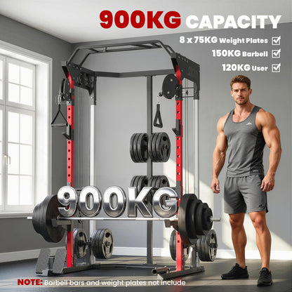 SPORTNOW Power Cage Smith Machine, Power Rack with Adjustable Cable Pulley System, Pull-Up Bar, Dip Station, Landmine