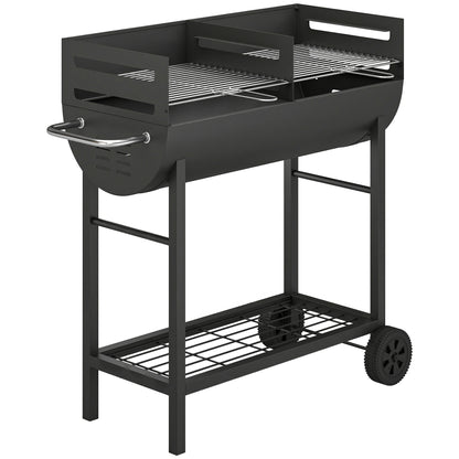Outsunny Charcoal Barbecue Grill with 2 Cooking Areas, Portable BBQ Trolley with Wheels, Height Adjustable Grates, Bottom Shelf