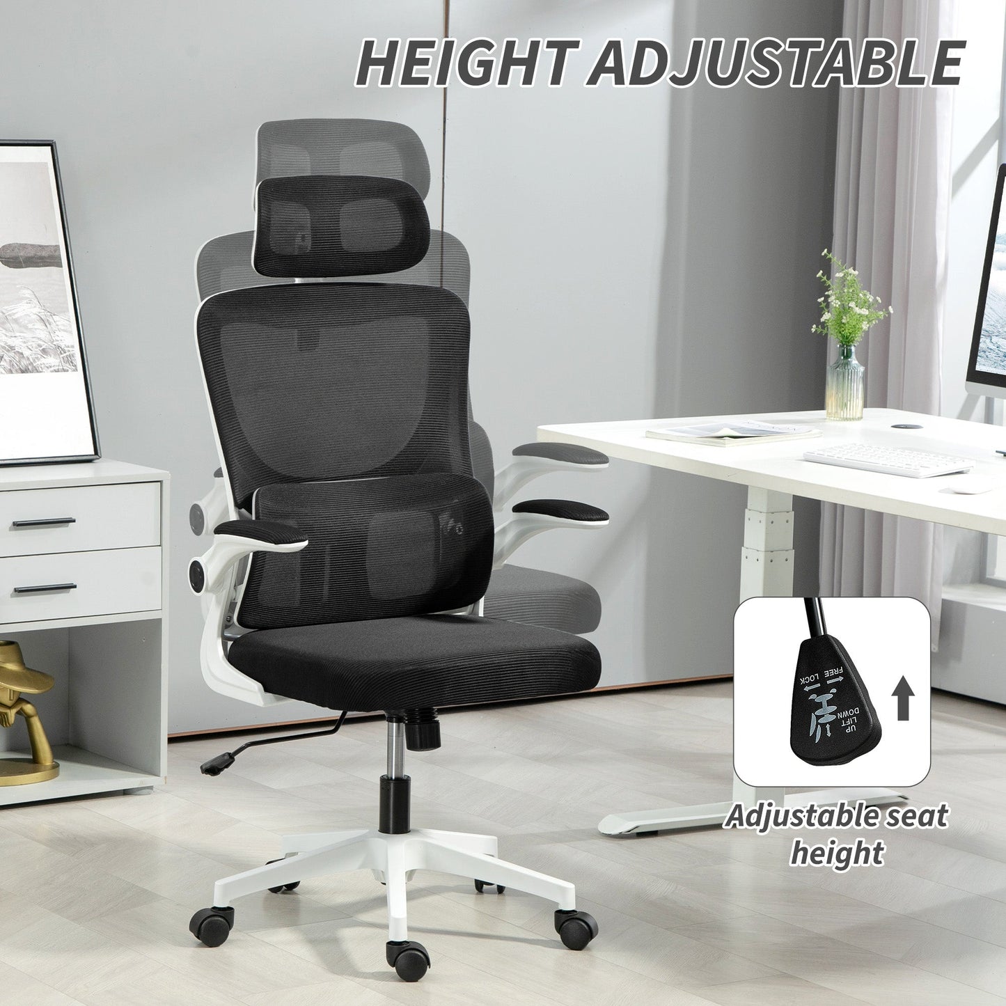 Vinsetto Ergonomic Office Chair, High Back Mesh Computer Desk Chair with Adjustable Headrest and Lumbar Support, Rotatable Armrests, Tilt Function for Home Office, Black