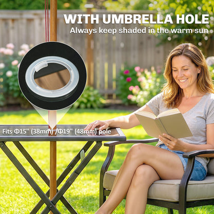 Outsunny Folding Outdoor Dining Table, Square Garden Table Tempered Glass Top with Parasol Hole Garden Patio, 70 x 70 x 70 cm