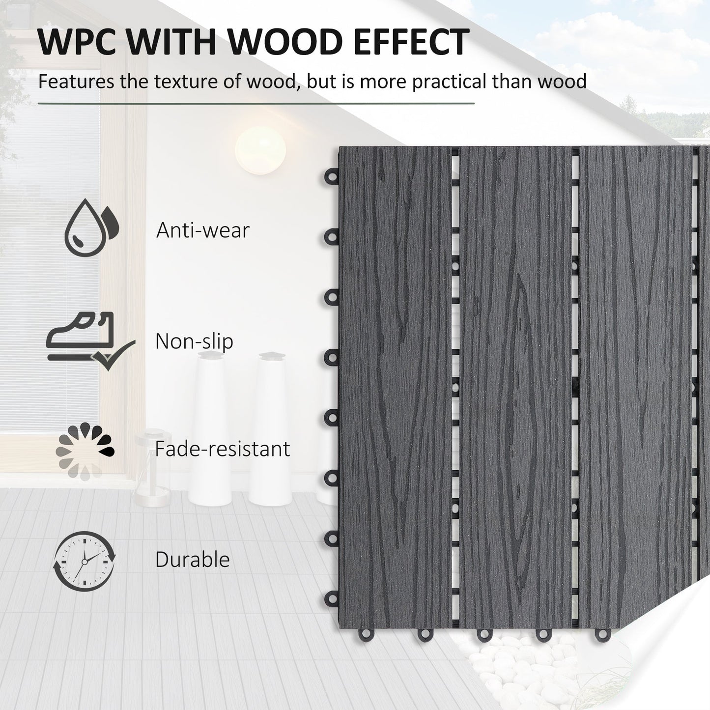 Outsunny WPC Interlocking Decking Tiles, Pack of 11 Interlocking Patio Paving Slabs, 30 x 30 x 2.2 cm, Grey