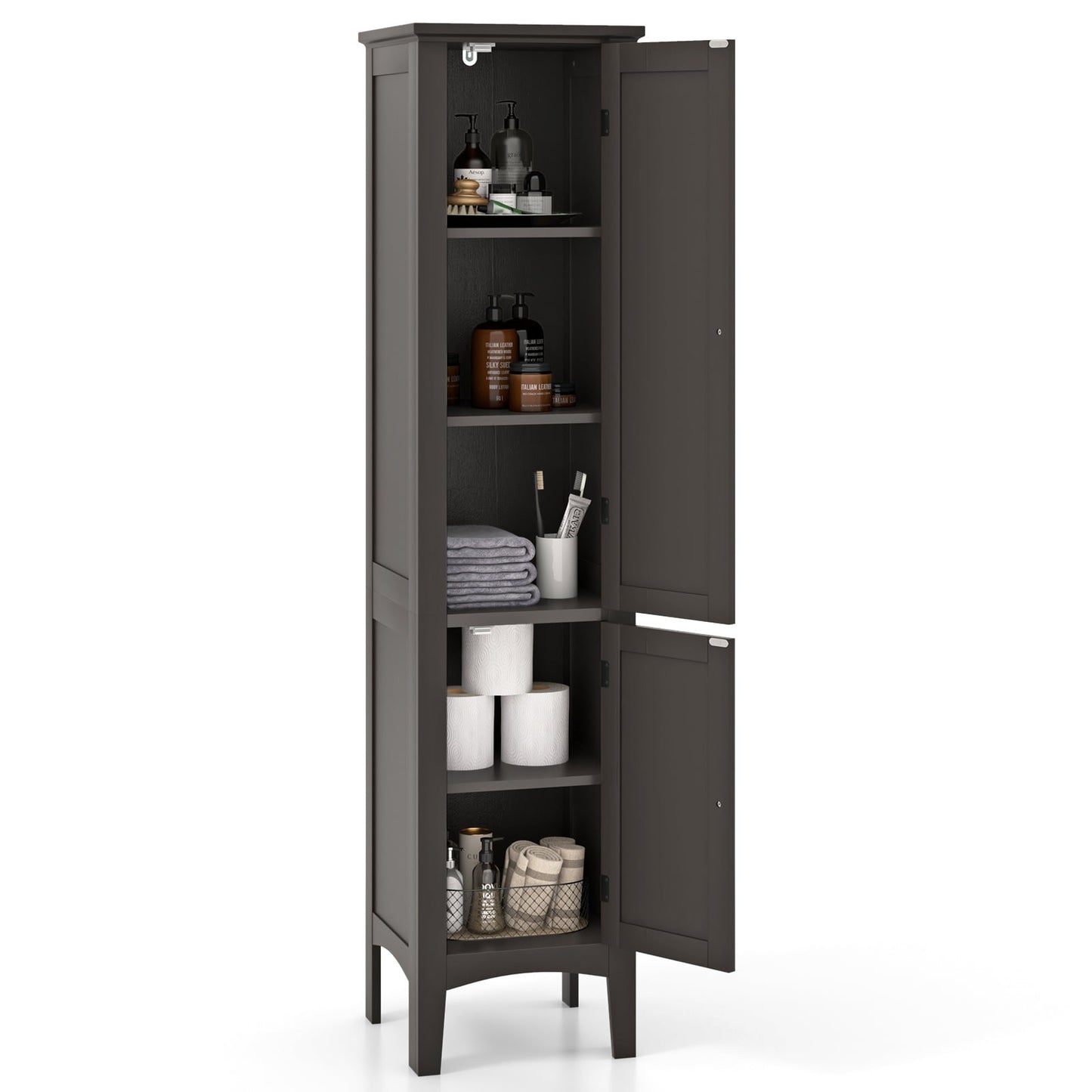 2-Door 160cm High Freestanding Bathroom Cabinet with 5-Tier Shelves-Coffee
