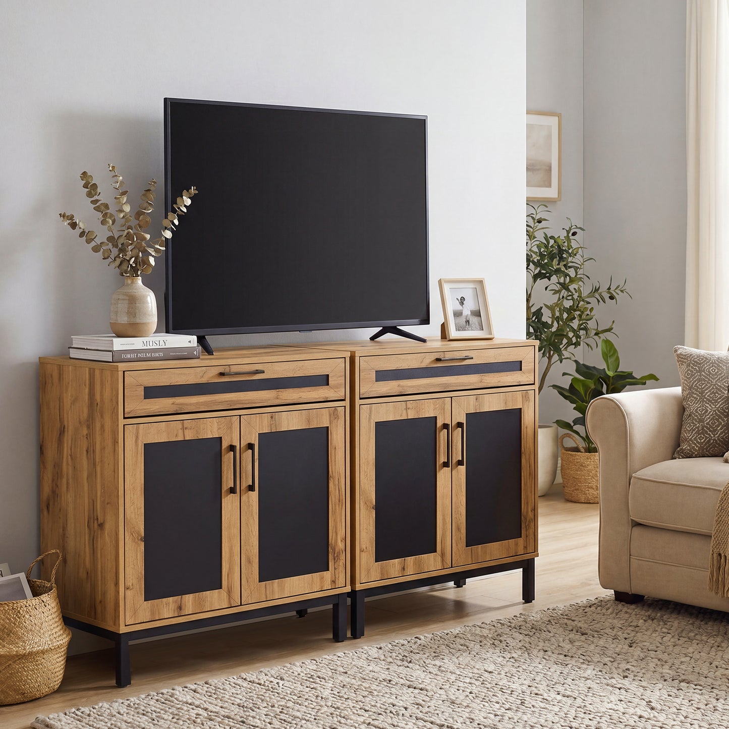 2-Door Sideboard Cabinet with Drawer and 3 Removable Shelves for Dining Room-Natural