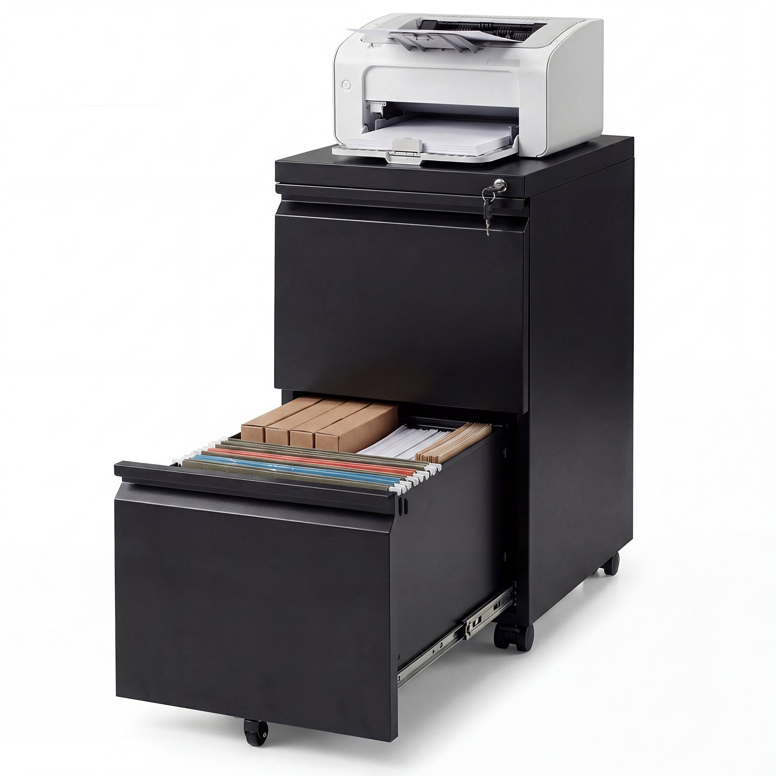 2-Drawer Mobile File Cabinet with 5 Casters and 2 Keys for A4-Black