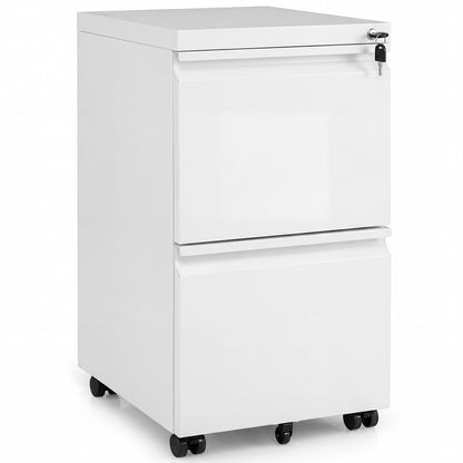 2-Drawer Mobile File Cabinet with 5 Casters and 2 Keys for A4-White
