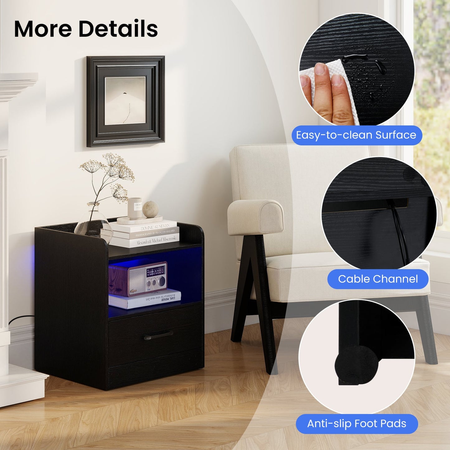 Modern Nightstand with Drawer & Open Shelf and Colorful Light Strip for Bedroom-Black