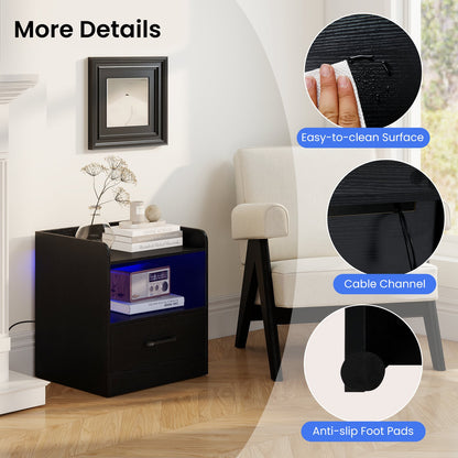 Modern Nightstand with Drawer & Open Shelf and Colorful Light Strip for Bedroom-Black