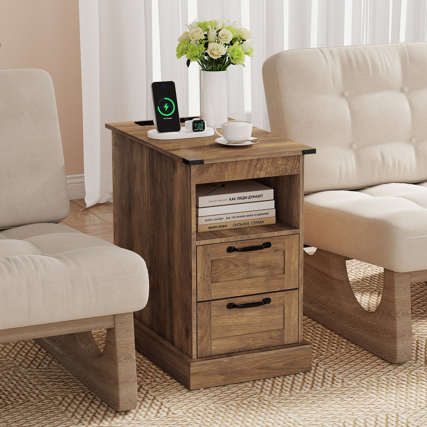 Farmhouse Nightstand with Charging Station with Open Storage Shelf and 2 Drawers for Bedroom-Rustic Brown