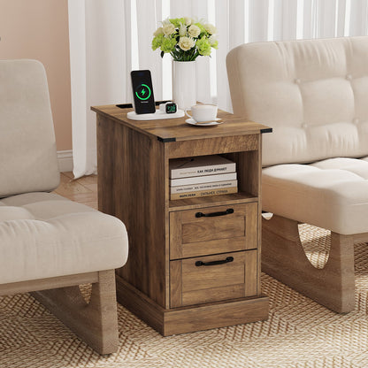 Farmhouse Nightstand with Charging Station with Open Storage Shelf and 2 Drawers for Bedroom-Rustic Brown