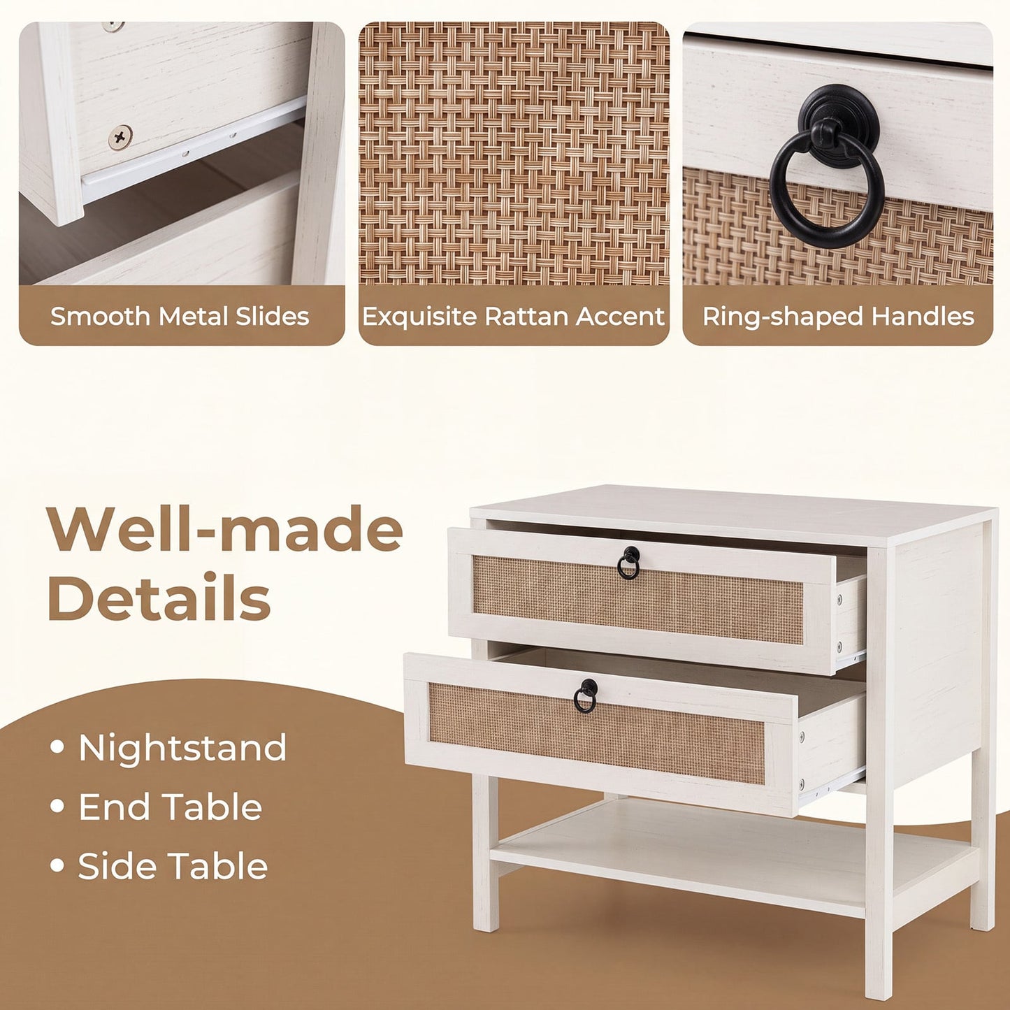 Set of 2 Rattan Nightstand 68 cm with 2 Drawers for Living Room Bedroom-White