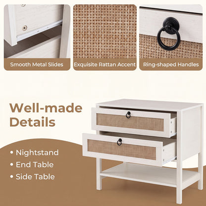 Set of 2 Rattan Nightstand 68 cm with 2 Drawers for Living Room Bedroom-White