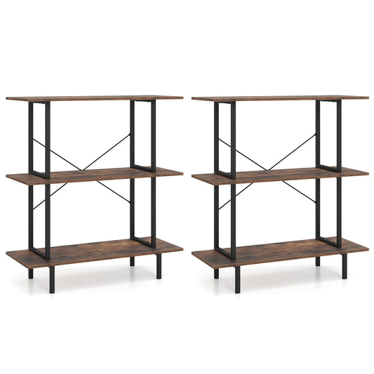 2-Pack 3-Tier Industrial Bookshelf with Open Shelves for Living Room Study-Rustic Brown
