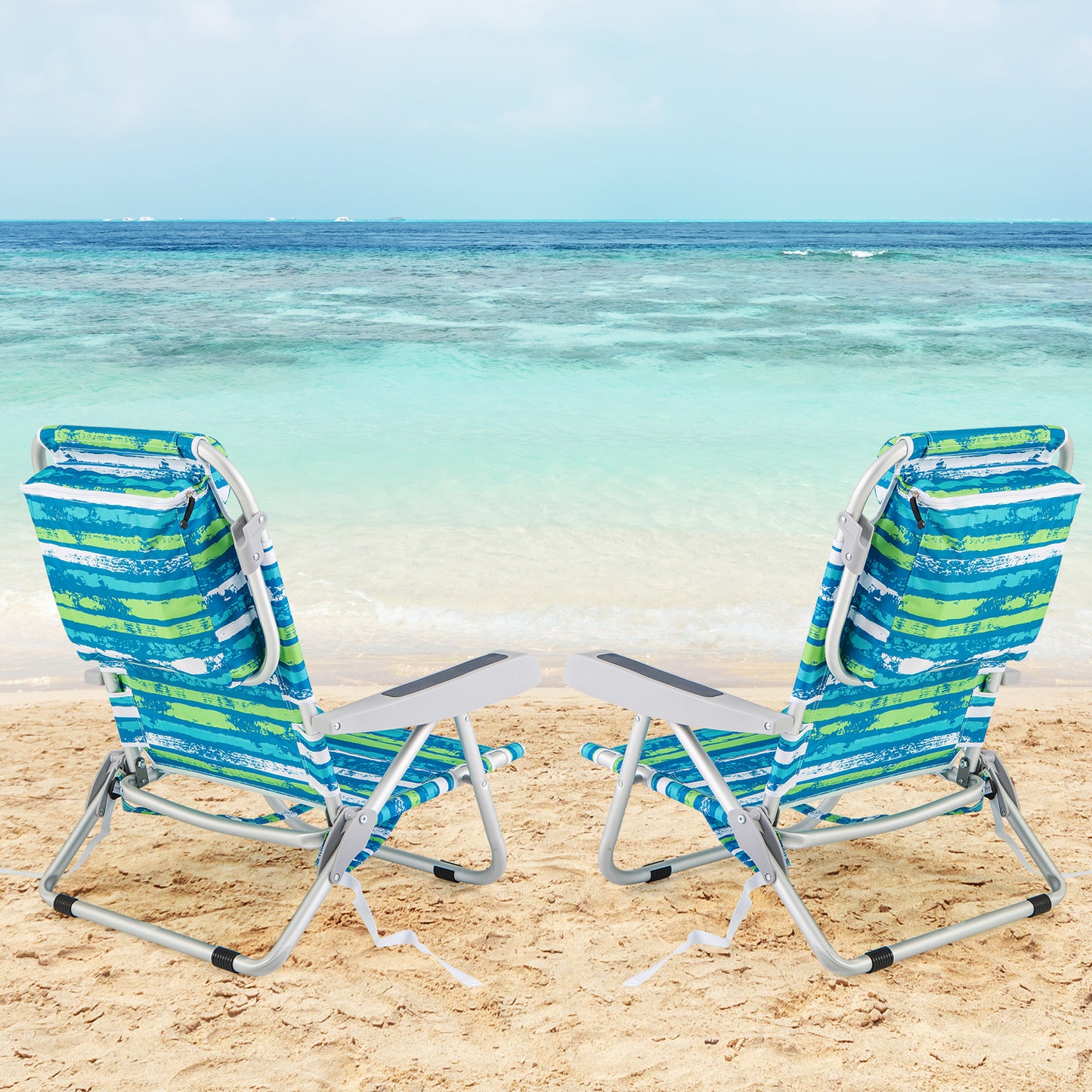 Folding Lay Flat Beach Chair Set of 2 with 5-Position Backrest-Blue & Green