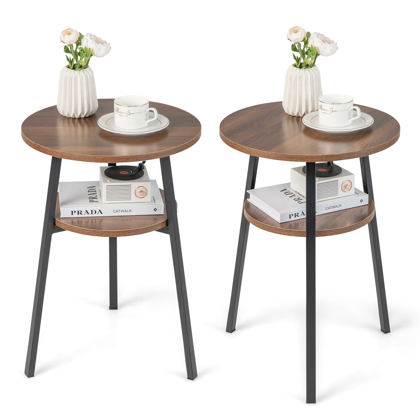 2 Pack 2-Tier Wooden Round Side Table with Storage Shelf-Walnut