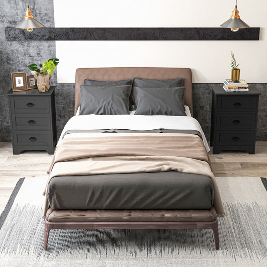 2 Pack Vintage 3-Tier Nightstand with Exquisite Metal Handles-Black