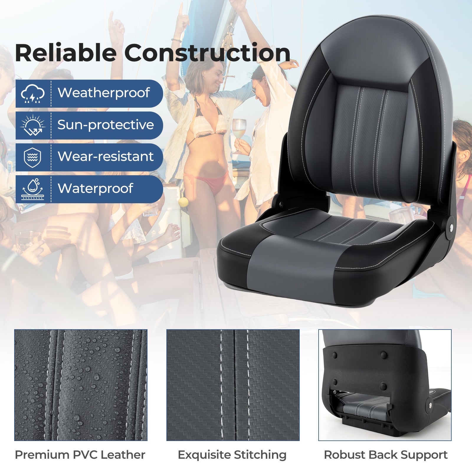2-Pack Folding High Back Boat Seats with Waterproof PVC Leather and Thick Sponge Padding-Black