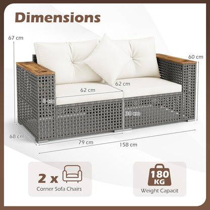 2-Piece Patio Corner Sofa Set Outdoor Sectional Wicker Loveseat with Thick Cushions-White