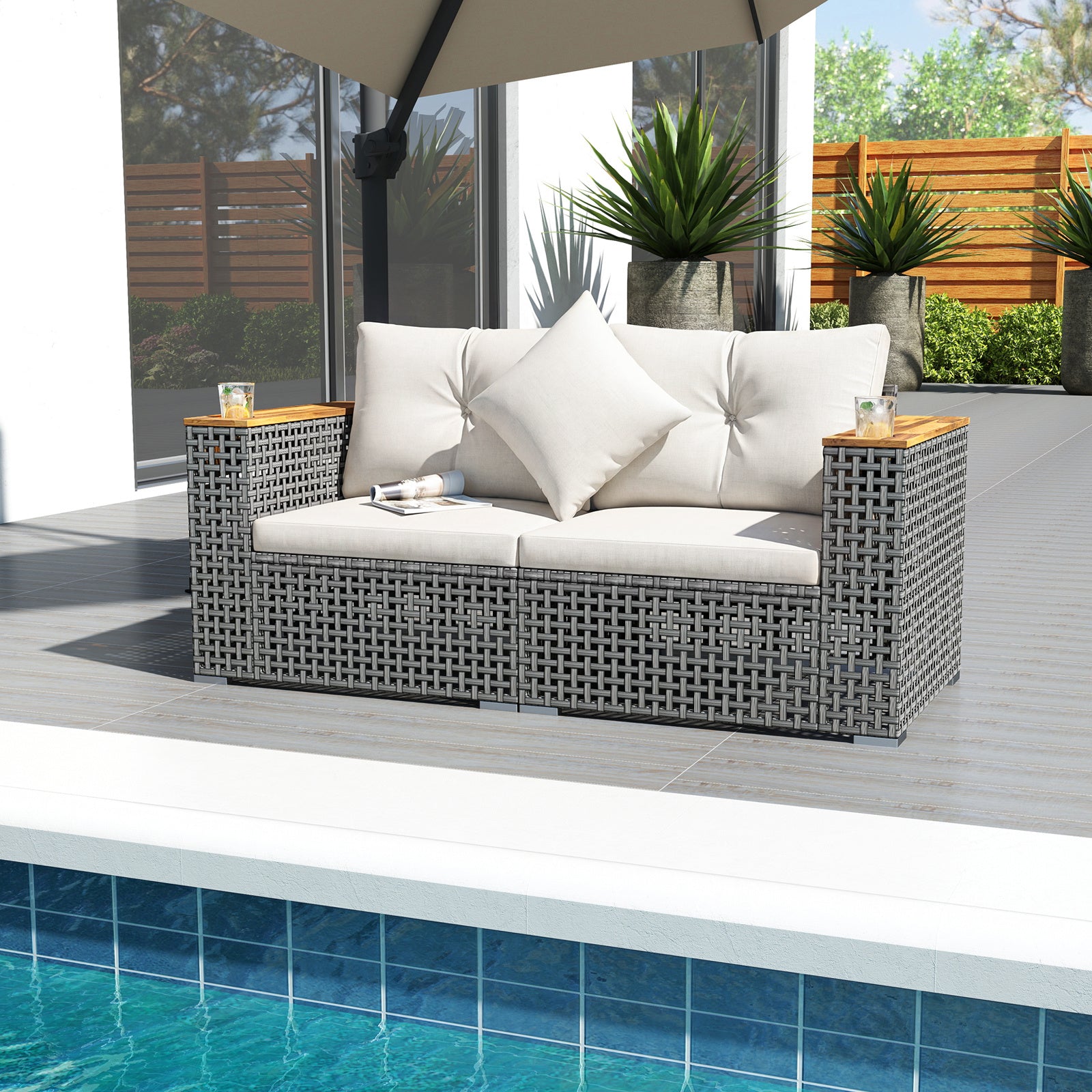 2-Piece Patio Corner Sofa Set Outdoor Sectional Wicker Loveseat with Thick Cushions-White