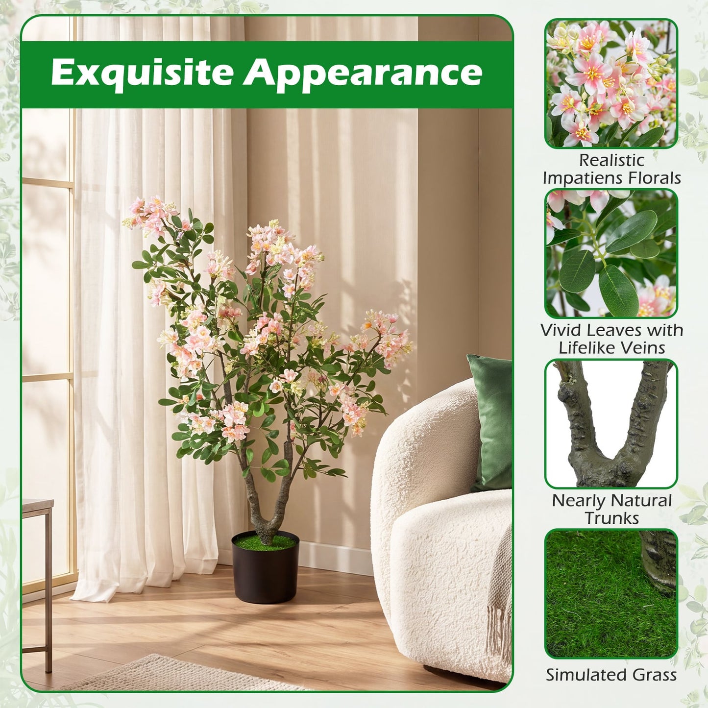 2 Pieces 90 CM Artificial Impatiens Blossom Tree Faux Pink Floral Plant in Cement-filled Pot-Pink