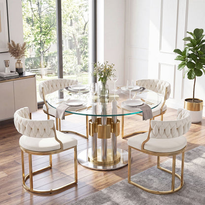 2 Pieces Velvet Dining Chairs with Curved Back and Metal Base-Beige