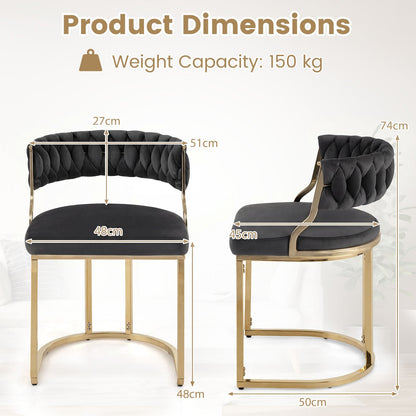 2 Pieces Velvet Dining Chairs with Curved Back and Metal Base-Black
