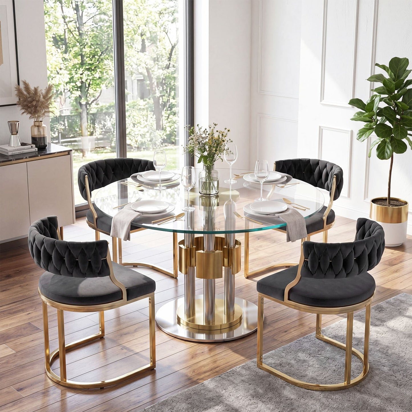 2 Pieces Velvet Dining Chairs with Curved Back and Metal Base-Black