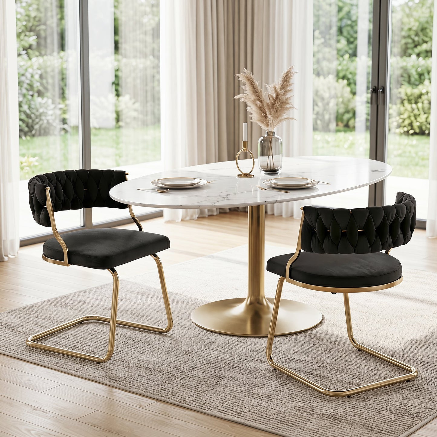 2 Pieces Velvet Dining Chairs with Curved Back and Sled Metal Base-Black