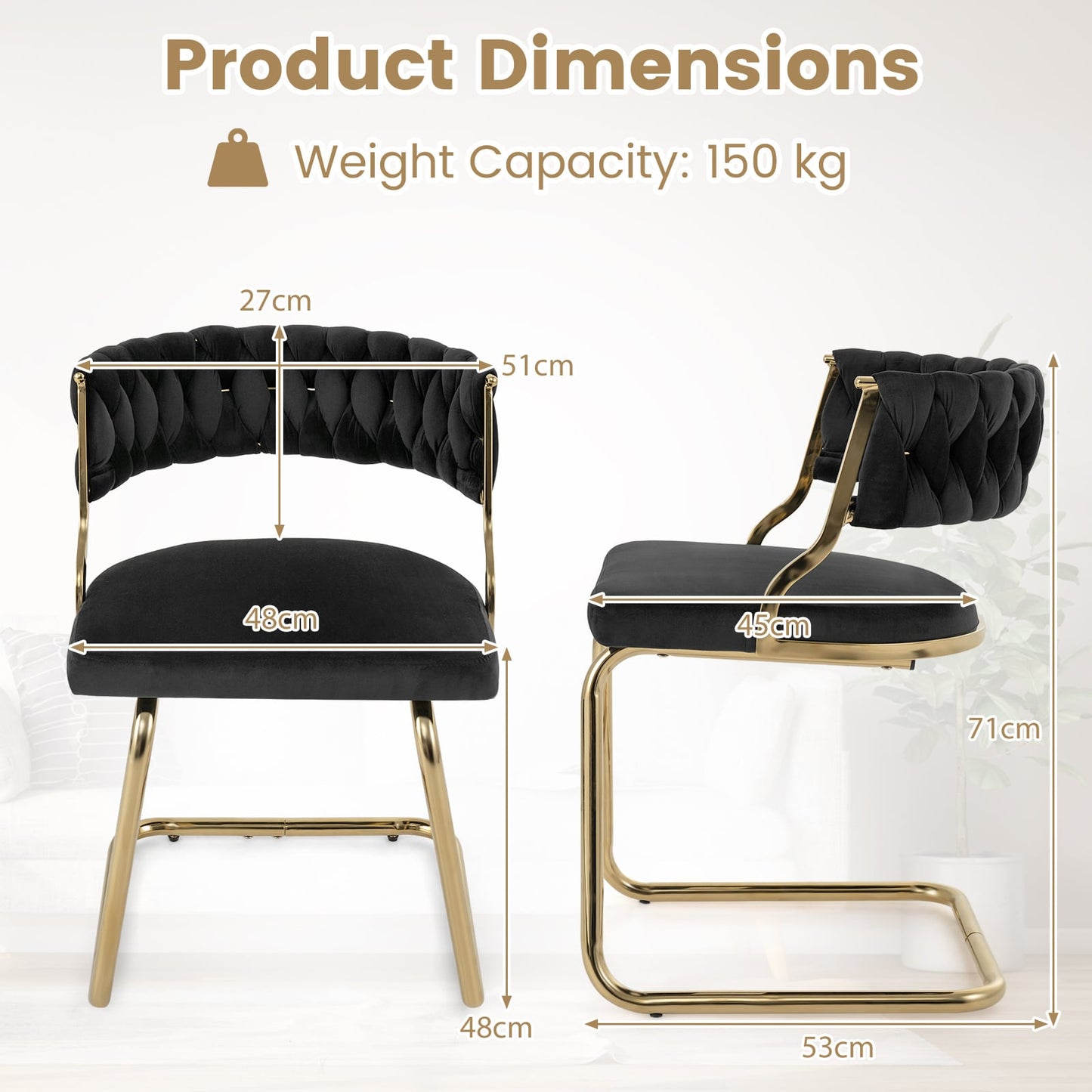 2 Pieces Velvet Dining Chairs with Curved Back and Sled Metal Base-Black